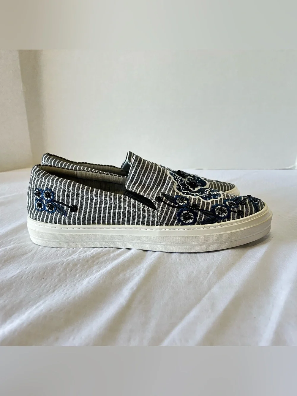Nine West Striped Slip-On Sneakers with Blue Floral Embroidery